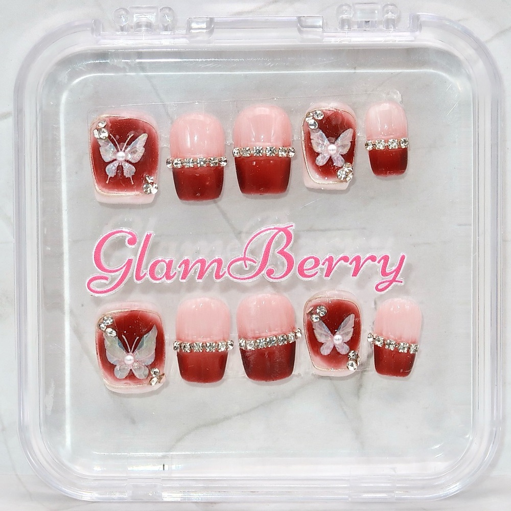 GlamBerry 10pcs Handmade Press-On Nails, Reusable, with Nail Kit - Sizes XS-L